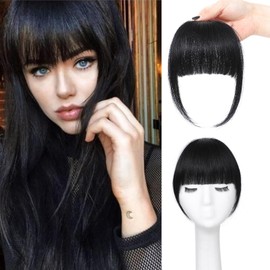 ELEFOCUS Clip in Bangs Real Human Hair Natural Black 100% Human Hair French Bangs Fake Bangs Hair Clip on bangs for women Fringe with Temples Hairpieces Curved Bangs for Daily Wear