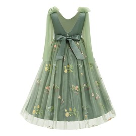 IDOPIP Flower Girl Embroidery Tulle Dress for Kids Wedding Bridesmaid Formal Party Pageant V-Backless Bowknot Gown Big Little Princess First Communion Long Maxi Dresses Green - Sleeveless 11-12 Years
