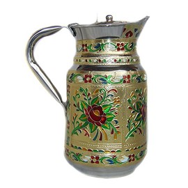 Indian Fine Stainless Steel Water Pitcher, Meenakari Decorative Jug, Table Ware, Drink Ware Home Kitchen Water Storage Vessel - 1.5 Liter Capacity (Green)