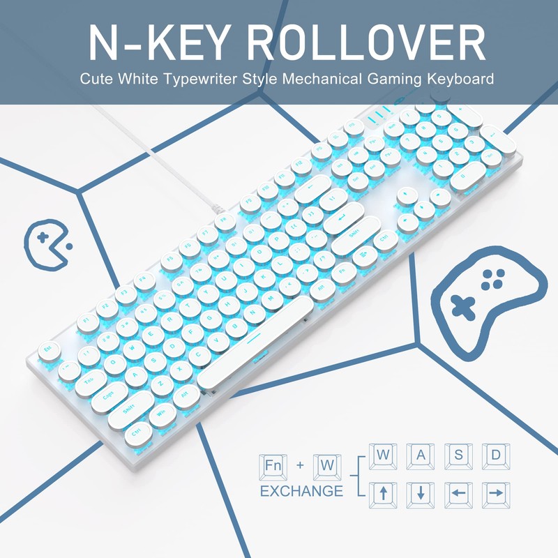 Camiysn Typewriter Style Mechanical Gaming Keyboard, White Retro Punk Gaming