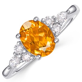 AUMIFY Citrine Rings for Women, Oval Cut 1 1/2 CT Birthstone Promise Ring w/Side Created Moissanite, S925 Sterling Silver Plated White Gold, Gift for Engagement Anniversary Mother's Day(11)