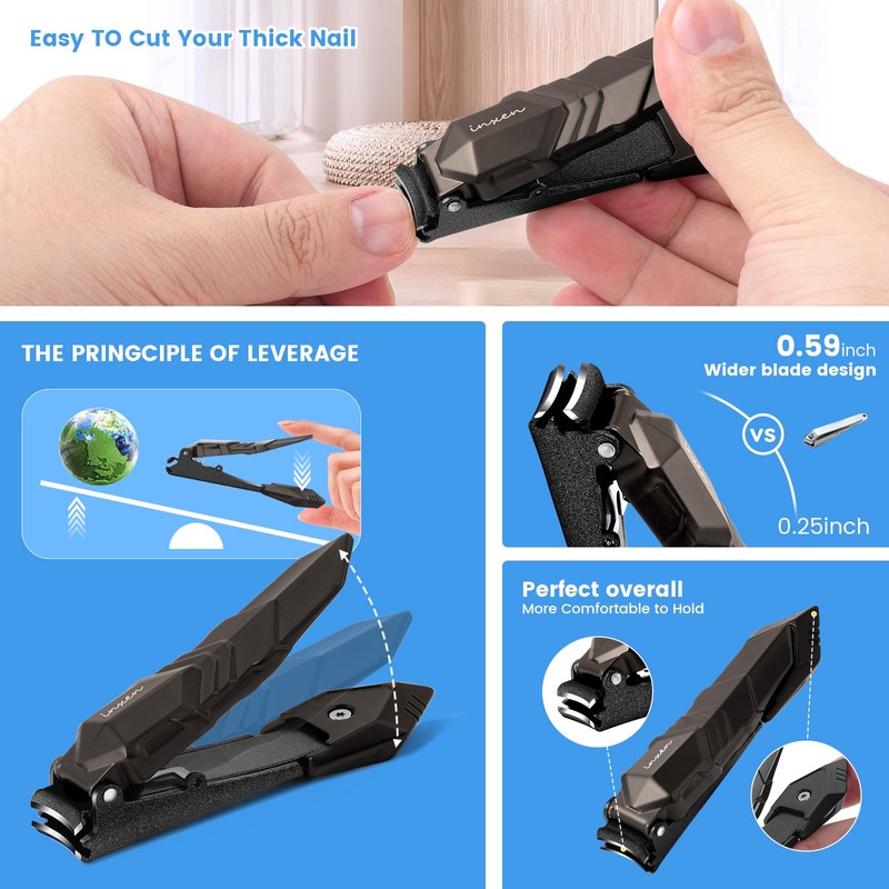 INXEN Nail Clippers for Men with Catcher – No Splash,