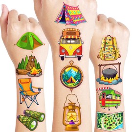 60 PCS Camping Camp Camper Campfire Pre-Cut Temporary Tattoos for Kids | Super Cute Themed Birthday Party Favors, Supplies, Decorations, Fake Tattoo Stickers, School Rewards Prizes & Gifts Boys Girls