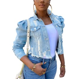 AMEBELLE Jean Jacket for Women Long Puff Sleeve Distressed Crop Denim Jackets Top(0002-LightBlue-L-NG)