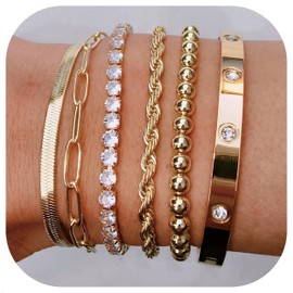 abrhtolm 6 Pcs 14K Gold Plated Bracelet,Jewelry sets for Women,Gold Bracelets for Women non Tarnish,Bracelets for Women Trendy,Gifts for Women，Stackable Bracelets for Women (gold)