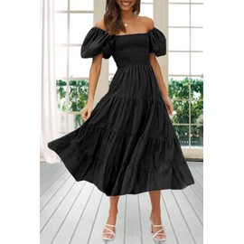 GOLDSTITCH Women's Smocked Maxi Dress Square Neck Ruffle Hem Puffy Short Sleeve Flowy Midi Dress Black