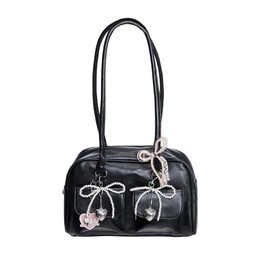 MakeMeChic Women's Bow Purse Y2K Bags with Key Chain Faux Leather Shoulder Bags Zipper Handle Handbags Black One-Size