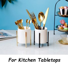 LOUIE SILNA Kitchen Utensil Holder, 15 cm / 10 cm Large Utensil Holder for Kitchen Counter, Table Protector Metal Frame, Heavy and Sturdy Ceramic, No Wobbling, Easy to Clean, White and Black