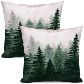 Flysea Green Misty Forest Fir Tree Throw Pillow Cover 16x16 inch Vintage Watercolor Plant Nature Mountain Case Outdoor Decorative Square Farmhouse Cushion Pillowcover Home Sofa Bed Couch Set of 2