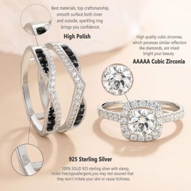 Newshe Jewellery Black Wedding Rings for Women AAAAA Cz Bridal Engagement Band Set 925 Sterling Silver Enhancers and Wraps Size 10