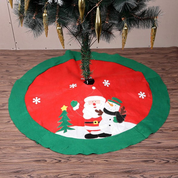 Christmas Tree Skirt Xmas Decoration Felt Tree Mat Base Cover Santa Snowman Pattern Red Christmas Holiday Party Decor (100cm)