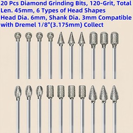 20Pcs Diamond Grinding Bits, 120 Grit 1/8" Shank Diamond Coated Rotary Burr Set – for Engraving, Carving & Polishing Glass, Jade, Ceramic – Fits Most Rotary Tools, Jewelry Making, DIY Crafts