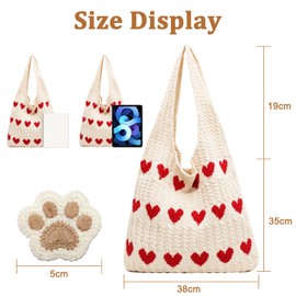 Cinsersr Tote Bag Aesthetic Crochet Bag Knitted Shoulder Bag Crochet Shopping Bag Comes with 1 Piece Bear Paw Bag Charm Heart Shaped Beach Bag Handbag, White