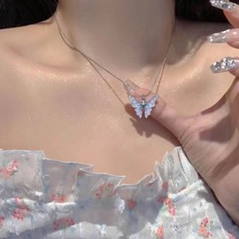Wendalern Silver Butterfly Necklace Enamel Butterfly Pendant Necklace Round Snake Chain Choker Necklace Cute Fairy Butterfly Thin Chain Necklace Jewellery for Women and Girls, Zinc, No Gemstone