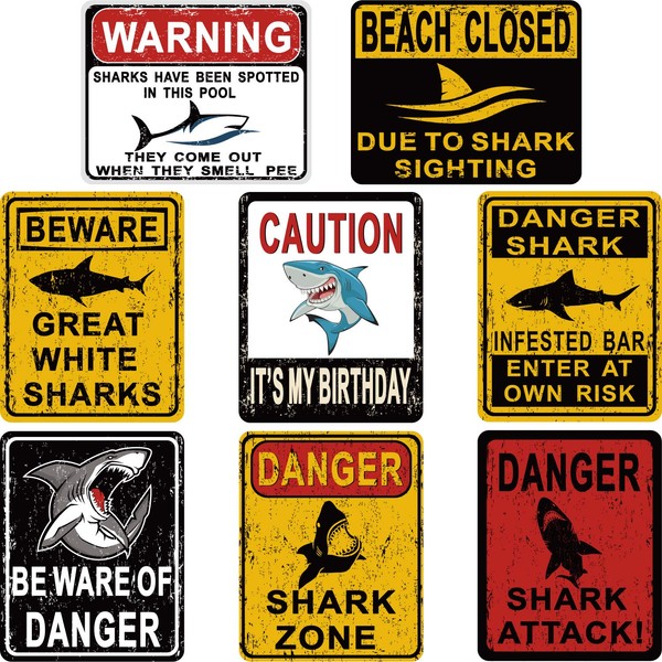 8 Styles Shark Zone Party Decorations, Funny Be Ware of Sharks Party Wall Decor Signs for Boys Girls Birthday Party, Ocean Shark Theme Party Supplies with Adhesive Design Wall Sticker