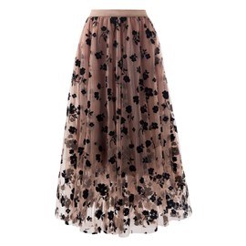 Reaowazo Skirts for Women Midi Long Length Dressy Casual Trendy Summer Tulle A-Line Floral High Waist Skirt Khaki 2XL-3XL