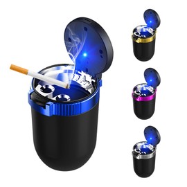 Ohleats Car Ashtray with Lid, Detachable Stainless Steel Ash Tray with LED Blue Light, Portable Mini Vehicle Cup Holder Trash Can Smell Proof Ashtray Cup, Universal Car Accessories (Blue)