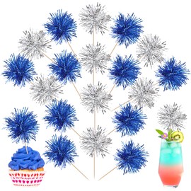 40 PCS Foil Firework Cupcake Toppers Sparkle Tinsel Cupcake Picks Fireworks Birthday Party Decorations Cocktail Fruit Toothpick for Birthday Wedding Graduation Party Decorations Supplies Silver Blue