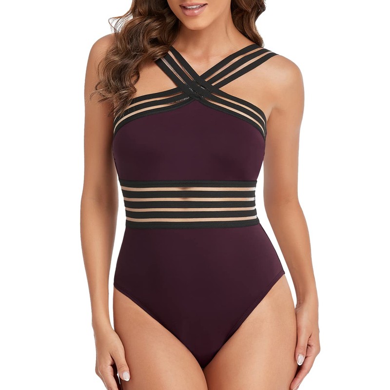 Hilor Women's One Piece Swimwear Front Crossover Swimsuits Hollow Bathing