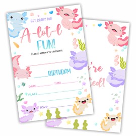 WeMaison Axolotl Birthday Party Invitation With Envelopes- Colorful fish at Sea World- Double-Sided Fill In Style Invites For Girls Boys Kids Teens- Party Favor & Supplies(20 Sets)- B06