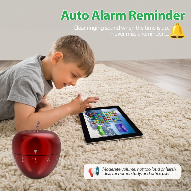 Mechincal Apple Timer，Kitchen Timer Stainless Steel Rotating Alarm 60 Minutes