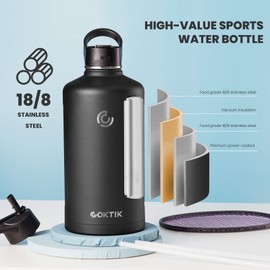 COKTIK 128 oz/One Gallon Water Bottle Insulated, Double Walled Vacumm Metal Stainless Steel Sports Water Bottle with Reusable 2 Lids for Sports, Gym, Fitness or Office(Black)