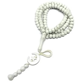 Islam Prayer Tasbih 99 Beads AMN-303 Muslim 8 mm. Rosary Bead Moon Star Decorated Tassels Haj Eid Ramadan Gift (White)