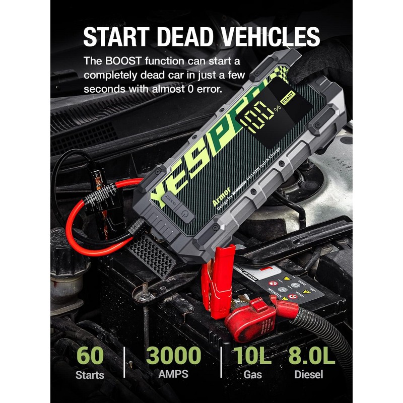 YESPER Battery Jump Starter 3000A Peak Portable Car Booster 100W