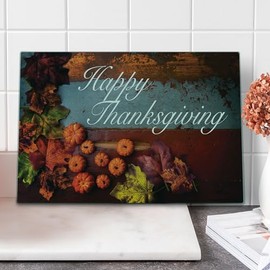 Lunarable Thanksgiving Cutting Board, Hand Writing Text on Wooden Vintage Board with Pumpkins and Leaves, Decorative Tempered Glass Cutting and Serving Board, Large Size, Ruby Orange