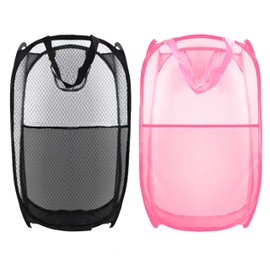 Buyongwant Collapsible Pop Up Laundry Hamper, Extra Large Mesh Foldable Laundry Basket Bag, 28" x 16" x 16", 2 Pack (Black + Pink)