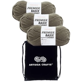 Premier Basix Chunky Knitting Yarn Lichen 1145-35 (3-Pack) Same Dye Lot Chunky Bulky #5 Soft 100% Acrylic Bundle with 1 Artsiga Craft Bag