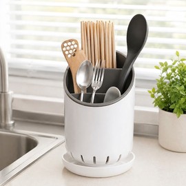 Chopstick Holder with Drain Plate for Kitchen - Divided Utensil Organizer for Spoons, Forks & Countertop Storage