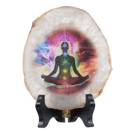 KYEYGWO 7 Chakra Agate Discs Ornament with Wooden Stand, Irregular Agate Slices Gemstone Reiki Healing Stone Feng Shui Decoration for Meditation, Amulet, Chakra Balance