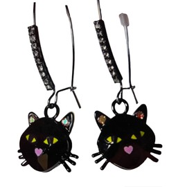 Betsey Johnson BLACK CAT HEAD Hematite Tone Glass Stones Drop Earrings