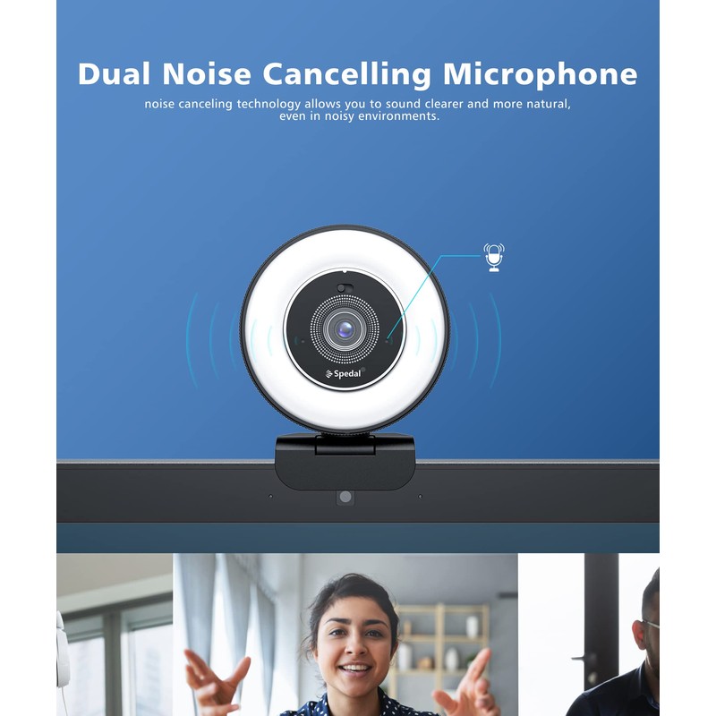 Spedal 4K Webcam with Ring Light, Built-in Privacy Cover and