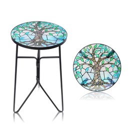 VCUTEKA Patio Side Table Outdoor Accent Table Bistro Coffee Table Plant End Table Small Porch Table Indoor Round Glass Balcony Plant Table Stands Tree 12''