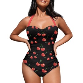 Zarisguat Fruits Cherry Print Women One Piece Swimsuits Tummy Control Halter Bathing Suit Adjustable Halter Strap Swimwear for Summer Beach Travel 2XL