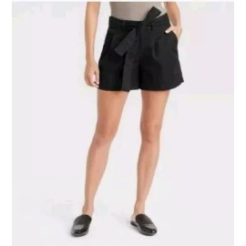 A New Day Womens 10 Black Stretch  High-Rise Pleat Front Tie Belt Shorts