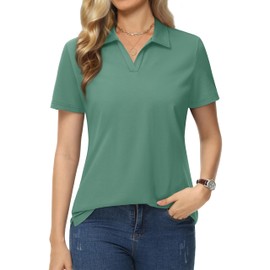 MAGCOMSEN Women Golf Polo Cotton Shirts Short Sleeve V-Neck Tshirt Cotton Collared Top Casual Work Out Tee FernGreen, M