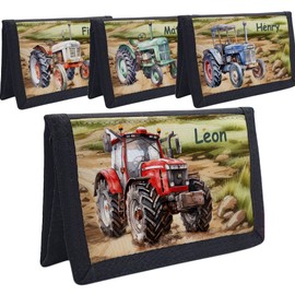 Kinder Geldbörse mit Traktor Motiv, mit Name Personalisierbar, 13 x 9 cm, Schwarz