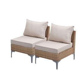 JOYURE 2 Pack Outdoor Wicker Armless Sofa, Patio Rattan Sectional Sofa Set with Thick Seat Cushions and 2 Back Cushions for Garden, Backyard, Poolside Beige