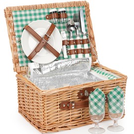 ZORMY Wicker Picnic Basket for 2 Person, Willow Hamper Basket Sets with Insulated Compartment, Handmade 2 Person Picnic Basket for Camping - GreenCheck