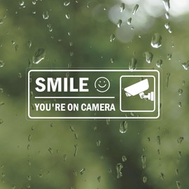 Video Surveillance Sign 4Pcs-24 Hour Surveillance Sign Security Stickers Self Adhesive Decal for Window Door Car (Smile You're On Camera)