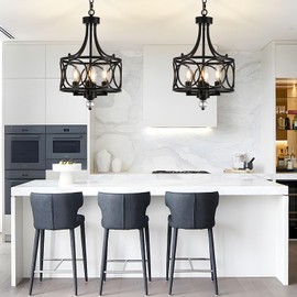 OIRSVI 4 Light Chandelier,Black Farmhouse Lantern Pendant Light Fixture,Industrial Adjustable Hanging Ceiling Lighting E12 Base for Kitchen Island,Bedroom,Entryway,Dining Room,Indoor