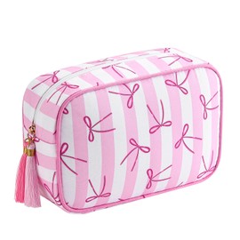 uekeboag Large Canvas Tassel Striped Makeup Bag,Coquette Travel Organizer Cosmetic Bag with Zipper,Toiletry Bag for Toiletries Accessories for Women Girls(01Pink Bow)