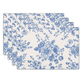 Blue Floral Placemats Set of 4 Vintage Flower Blue and Cream Washable Non-Slip Heat Resistant Place Mats 12x18 Inch Spring Summer Linen Table Mats for Kitchen Dining Party Decor