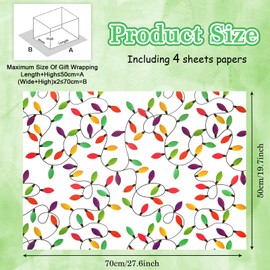Festive Colorful String of Lights On White Wrapping Paper 4 Sheets in 4 Designs 28"x20" ,Captivating Green Yellow Red Lights Decorative DIY Craft Christmas Holiday Art Paper for Party Decor Wrapping Make Your Gifts Stunning