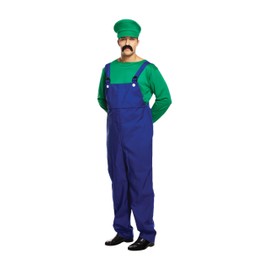 HENBRANDT Adult Men’s Green Super Plumber Fancy Dress Costume Retro 1980s Videogame Green and Blue Overalls Moustache Brothers Workman Dress Up Outfit One Size Mens Fancy Dress Costume