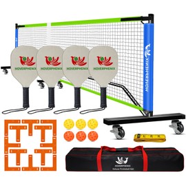 Pickleball Net with Wheels and Pickleball Paddles Set of 4, 22FT Pickleball Net Outdoor Pickle Balls, Court Marking Kit, and Carrying Bag for Driveway, Backyard