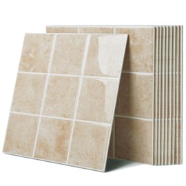 3D Glossy Peel and Stick Wall Tiles - 10 Pcs 11.61'' x 11.61'' Waterproof PVC Square Self-Adhesive Backsplash for Kitchen, Bedroom, Living Room, Bathroom, RV, Easy DIY, Beige Granite